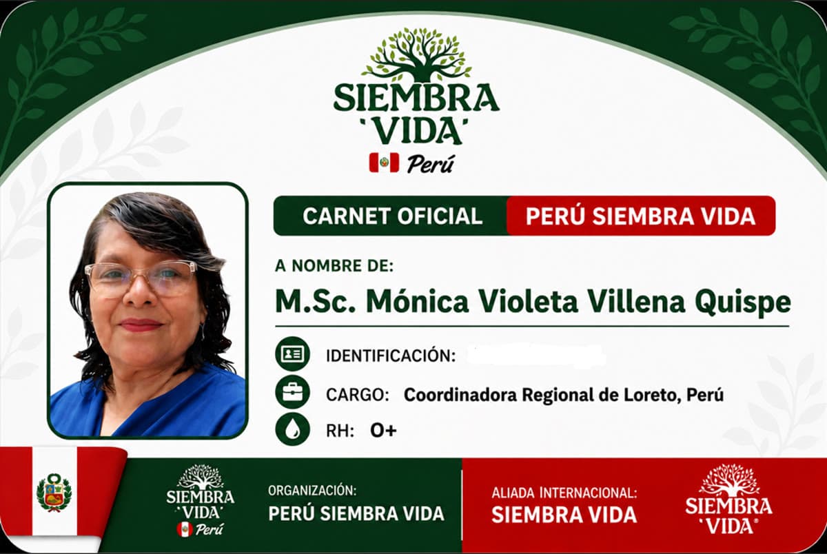 Carnet oficial de M.Sc. Mónica Villena Quispe — Coordinadora Regional de Loreto, Perú