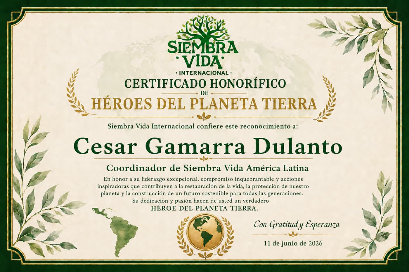 Certificado Héroes del Planeta Tierra — América Latina