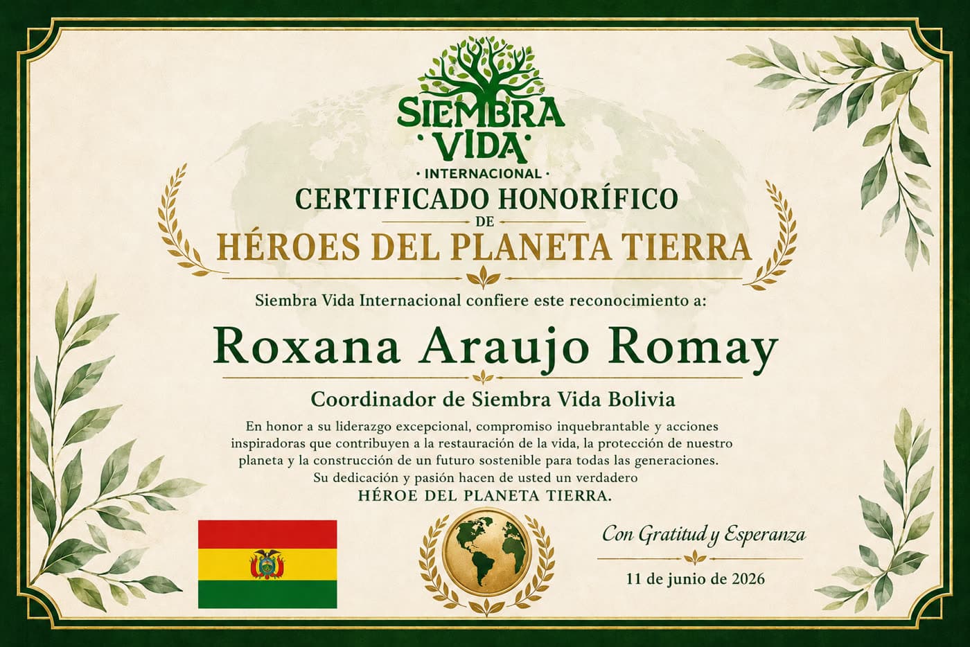 Certificado Héroes del Planeta Tierra — Bolivia