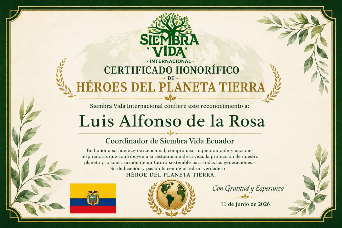 Certificado Héroes del Planeta Tierra — Ecuador