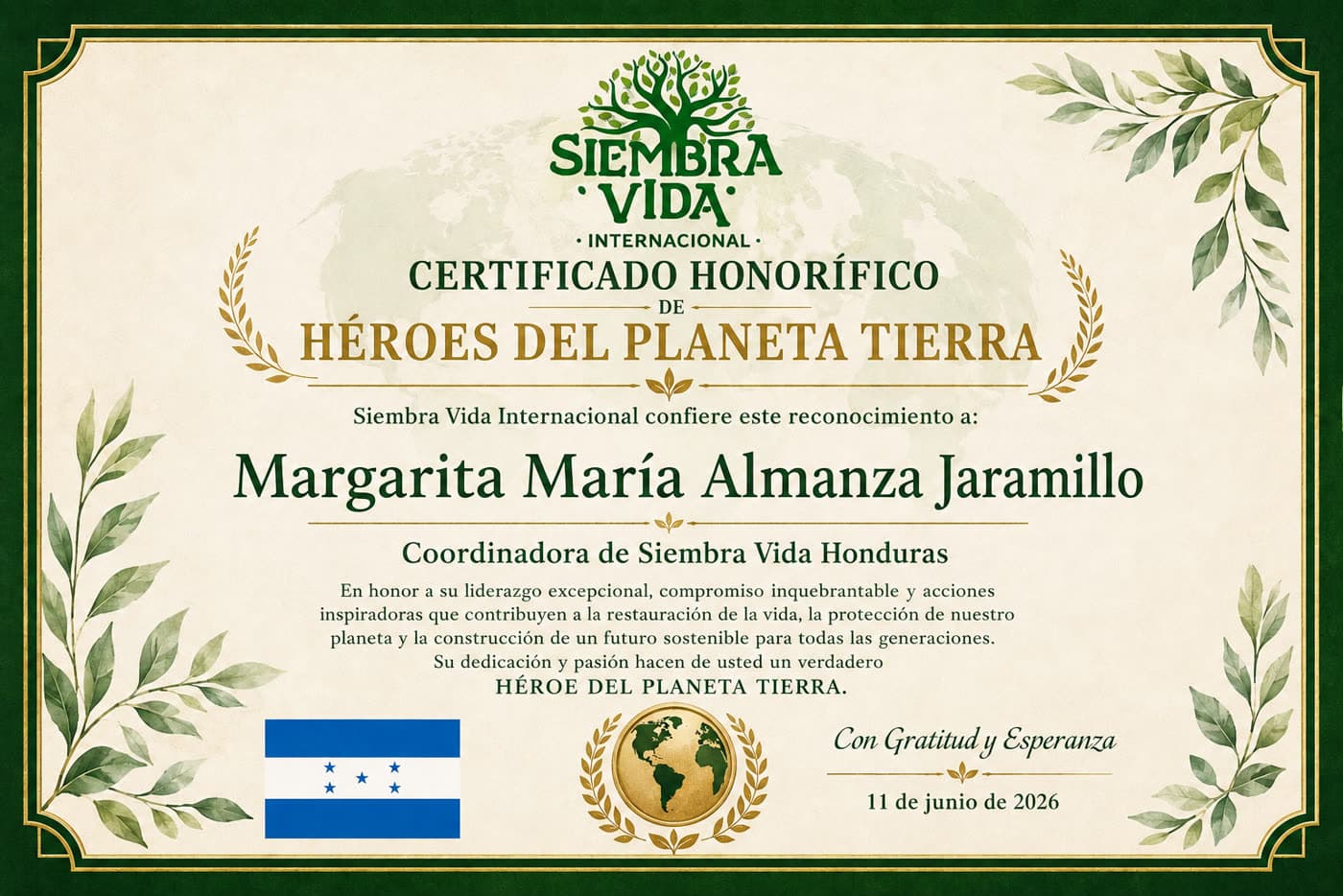 Certificado Héroes del Planeta Tierra — Honduras