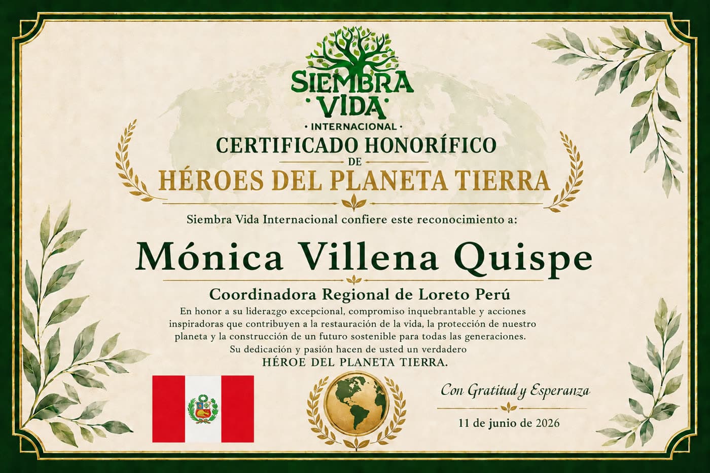 Certificado Héroes del Planeta Tierra — Loreto, Perú