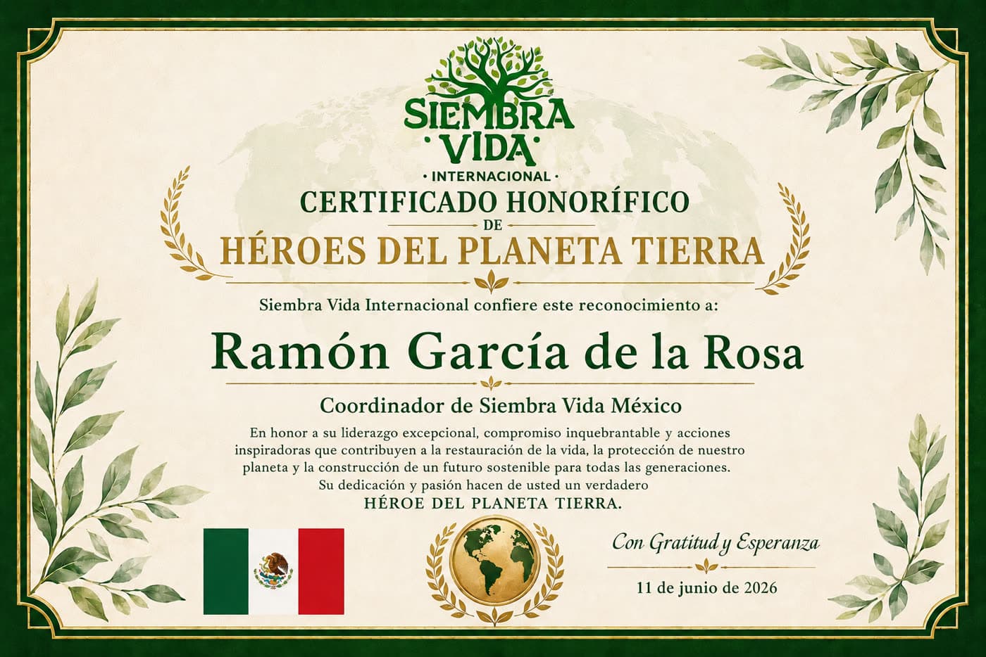 Certificado Héroes del Planeta Tierra — México