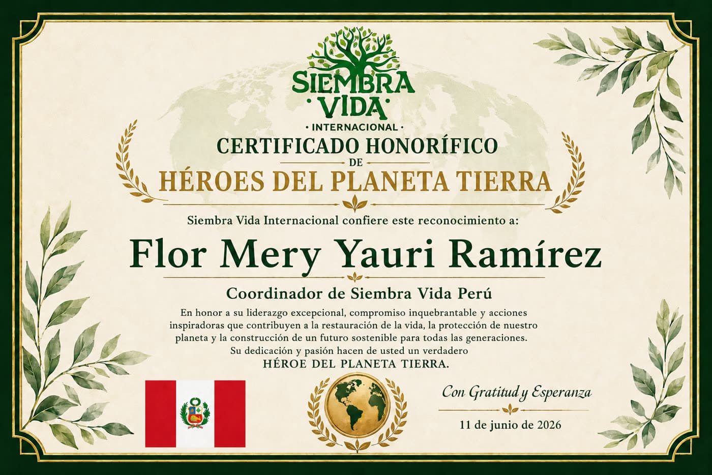 Certificado Héroes del Planeta Tierra — Perú