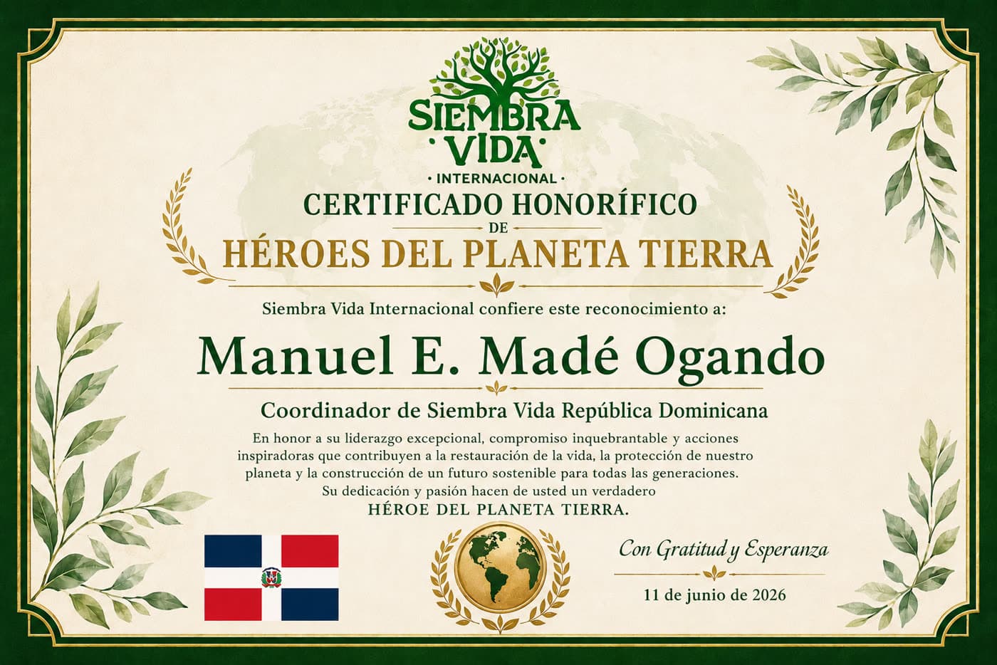 Certificado Héroes del Planeta Tierra — República Dominicana